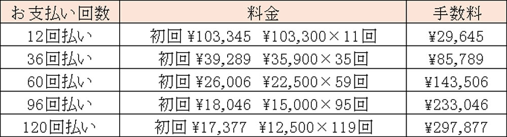 舌側全体矯正</span>(フルリンガル)治療費分割払い例