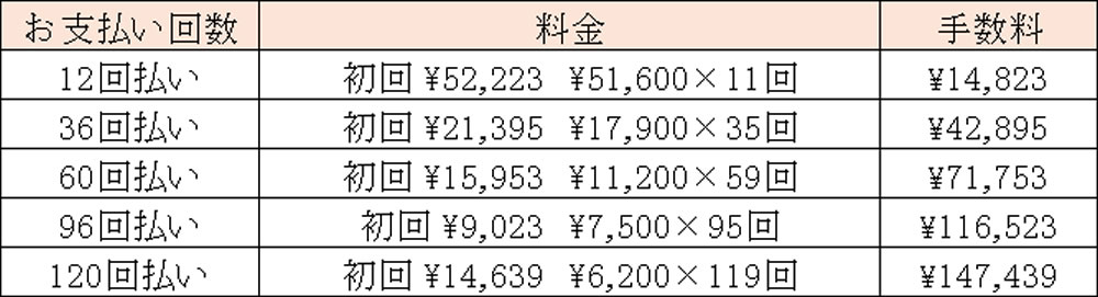 マウスピース矯正(全体)治療費分割払い例